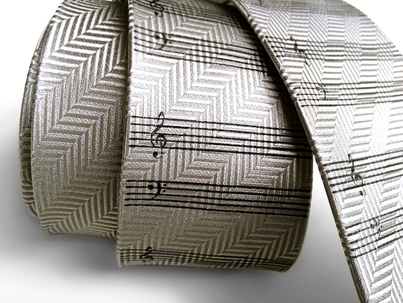 Sheet Music Necktie. Musician's Staff Paper Tie. Piano player gift, guitar player, orchestra, band teacher. Herringbone woven silk tie. image 2