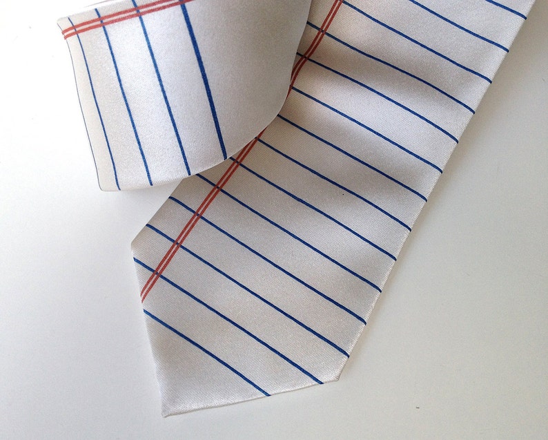 Lined Paper necktie. Wide Ruled paper tie. 100% silk. Too Cool for School, silkscreen tie. Perfect teacher, writer, author or geek gift. white standard