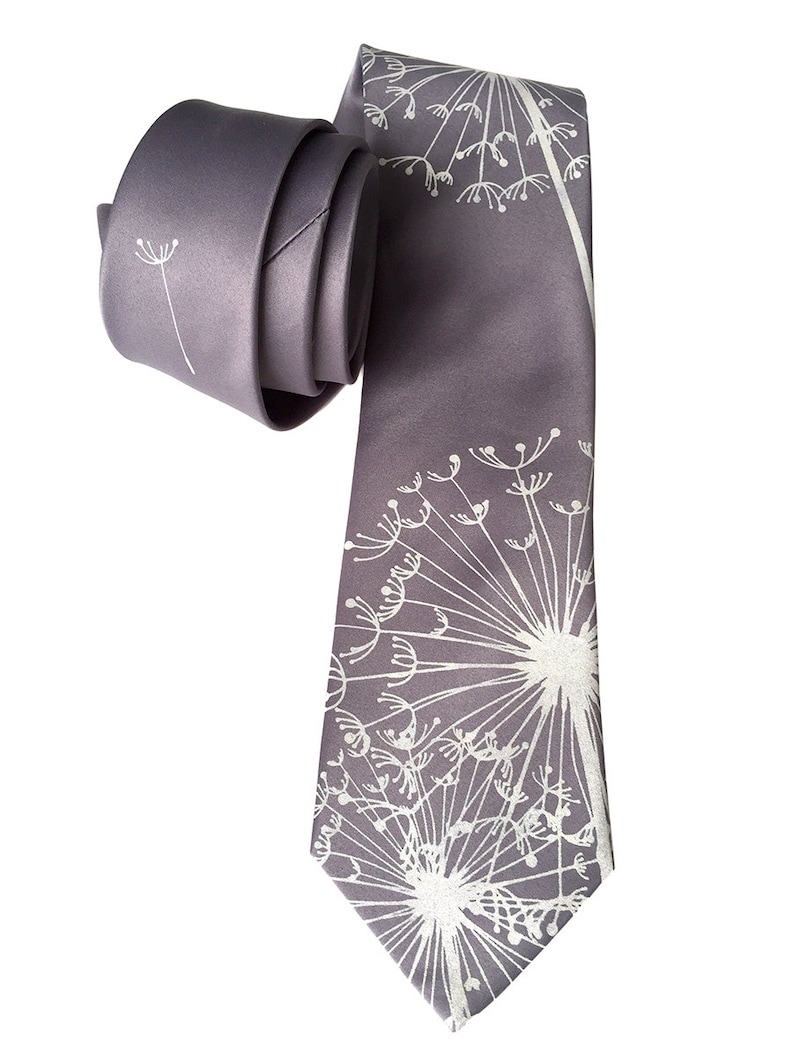 Dandelion Necktie, floral print tie. Dandelion wish, dandelion seed. Best man gift, for him, garden wedding, tie with flowers, groom's tie platinum on dk.silvr