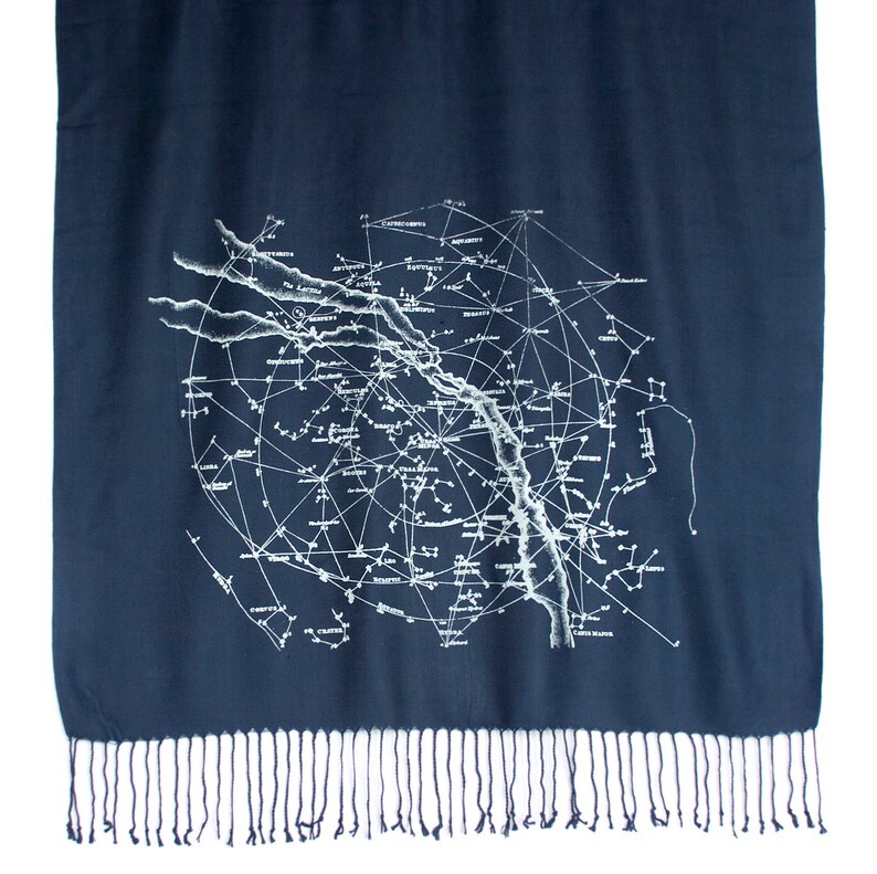 Milky Way Galaxy celestial scarf. Navy blue pashmina. Constellation design, ice blue print on navy and more. For men or women. ice print/navy