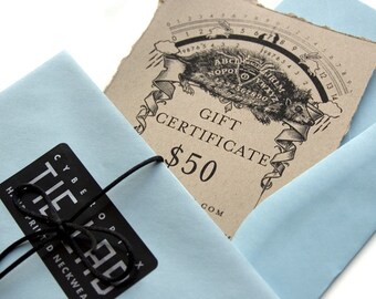 50 dollar gift certificate, Gift card for Cyberoptix neckties or scarves.