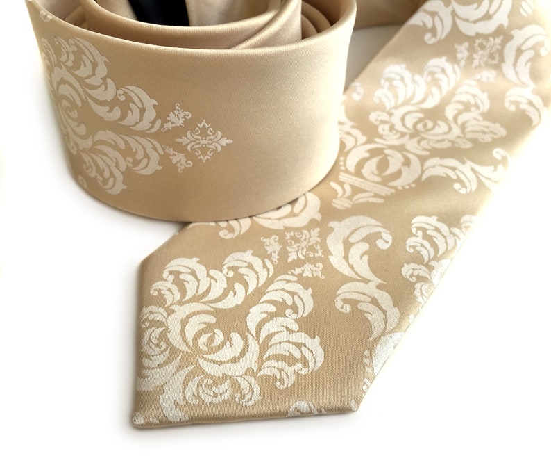 Madison Damask necktie. Ivory cream & platinum, men's wedding tie for groom. Victorian, classic wedding party tie, wedding ties floral soft gold