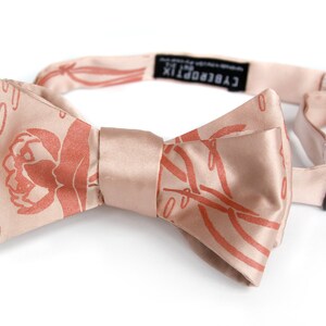 Floral print self tie bow tie, rose gold bowtie. Lotus flower, pink bow tie, water lily, floral tie. Rose quartz wedding, rose gold wedding dk.salmon on peach