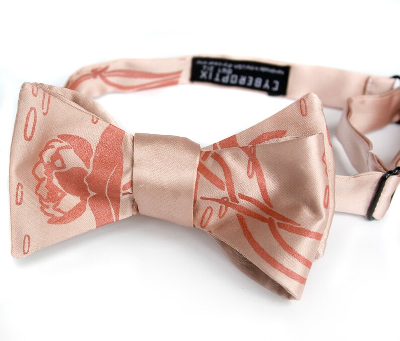 Floral print self tie bow tie, rose gold bowtie. Lotus flower, pink bow tie, water lily, floral tie. Rose quartz wedding, rose gold wedding dk.salmon on peach