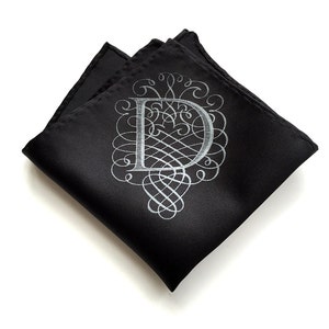 Custom Initial pocket square, letter A-Z. Personalized gifts for dad, wedding. Filigree monogram, single letter, father of the bride gift