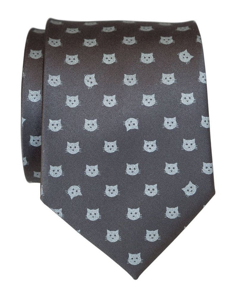 Cat Dot Necktie, Cat Parent Clothing. Tiny Cat Face Polka Dot Tie. Cats Printed Tie: Gifts for cat lovers, cat dad gift, veterinarian gift charcoal/pa.grey ink