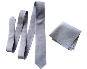 Light gray linen necktie. Silver silk & linen blend woven men's tie. "Woodward." Bias cut, rustic necktie. Pocket squares available too!