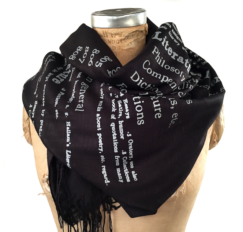 Book Scarf. Literary scarf. Dewey Decimal Literature library classification. Silkscreened linen weave pashmina. Choose silver, black & more. image 4