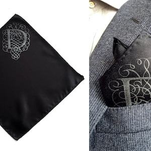 Custom initial pocket square, gift for him. Filigree letter monogram, personalized single letter mens wedding handkerchief. Choose A-Z image 7