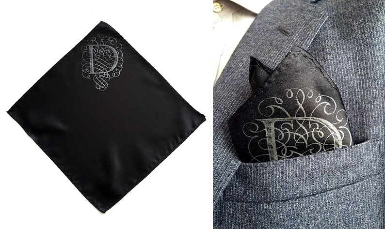 Custom initial pocket square, gift for him. Filigree letter monogram, personalized single letter mens wedding handkerchief. Choose A-Z image 7