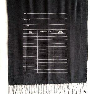 Gift for Booklovers: Library date due card scarf. Book Scarf. Literary Gifts, information science, bamboo literary scarf, book lovers gift black