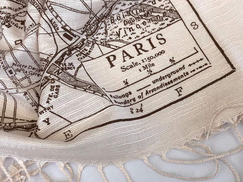 Paris Map Scarf. French map print fringed scarf. Bamboo pashmina, bridal shawl. Paris France wedding, Parisian, destination wedding in Paris image 5