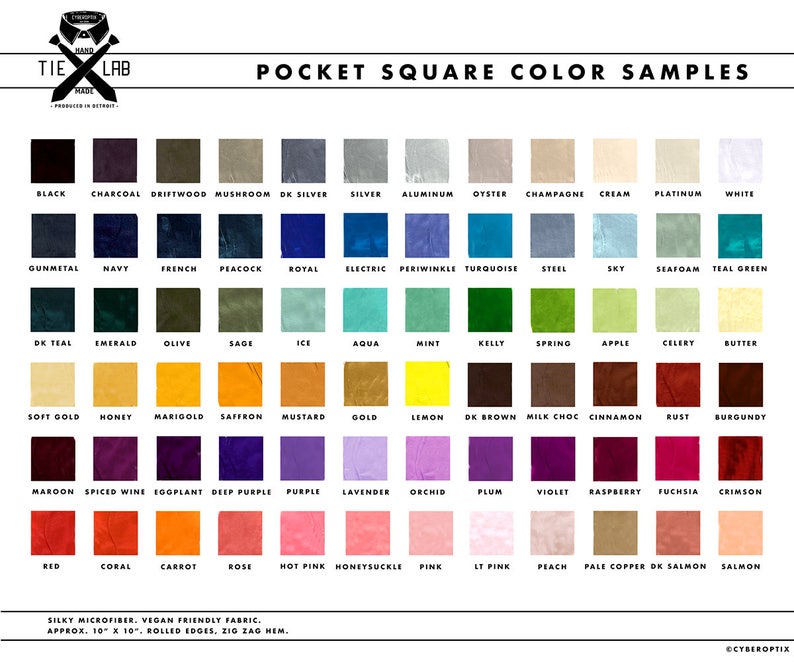 Puede incluir: Una carta de colores de 100 muestras de tela para pa&ntilde;uelos de bolsillo. Las muestras est&aacute;n dispuestas en filas y columnas, con cada muestra etiquetada con su nombre de color. Los colores van del negro al blanco, con muchos tonos de azul, verde, rojo y amarillo. La carta est&aacute; titulada "Pocket Square Color Samples".