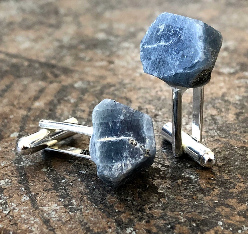 Raw sapphire cufflinks. Rough gemstones  attached to silver-tone bullet-back cufflink hardware for French cuffs.