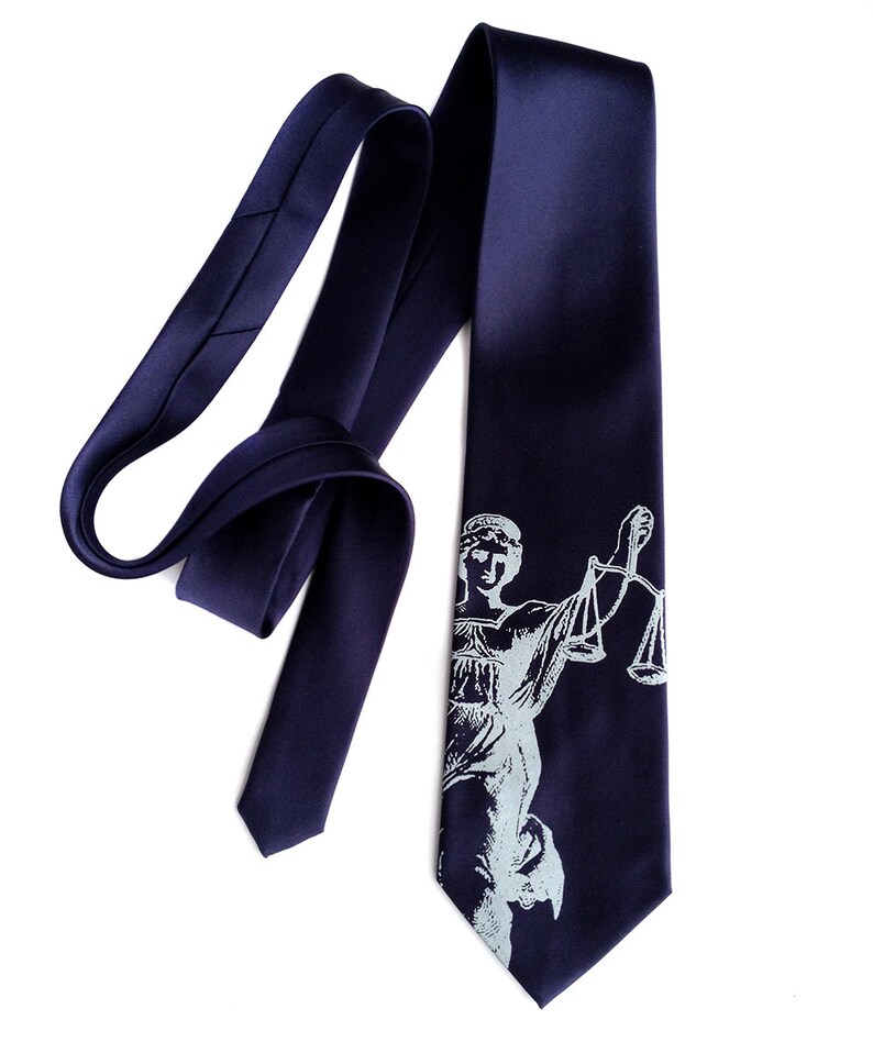 Lawyer Gift. Scales of Justice Necktie. Attorney gift, law school graduation gift. Judge gift, paralegal, law clerk gift, Men's silk tie ice on navy
