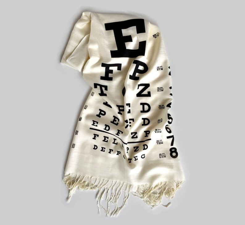 Eye Chart scarf. Hand-printed bamboo pashmina scarf. Optometry, Optometrist gift, optician, eye doctor gift, mom who wears glasses, eye test black on cream