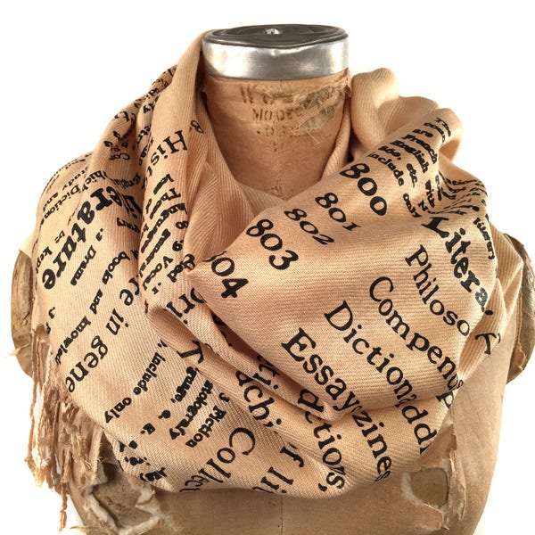 Literary Scarf. Library Scarf Literature Scarf Present for Reader Dewey Decimal Literature book scarf linen-weave pashmina. Librarian gift