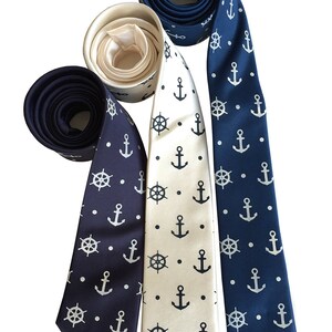 Anchor Necktie. Anchor & Ship's Wheel Blue Nautical Tie. Hand printed men's tie, coastal nautical wedding, seaside wedding. Preppy tie. navy on cream