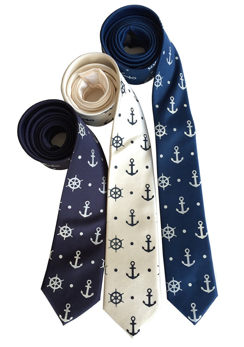 Anchor Necktie. Anchor & Ship's Wheel Blue Nautical Tie. Hand printed men's tie, coastal nautical wedding, seaside wedding. Preppy tie. navy on cream