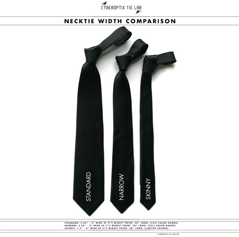 May include: A comparison of three black neckties: standard, narrow, and skinny. The image displays the ties side-by-side, with labels indicating their widths. The text at the bottom provides measurements: standard is 3.35"-4" wide, narrow is 2.33" wide, and skinny is 1.5"-2" wide.