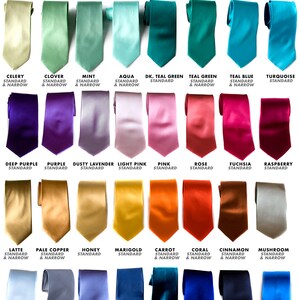 May include: A chart of silk tie colors with names and descriptions. The chart shows a variety of colors, including white, ivory, cream, champagne, silver, charcoal, gunmetal, dark charcoal, black, dark brown, burgundy, crimson, red, mustard, gold, lemon, butter, seafoam, sage, olive, emerald, kelly, lime, apple, chartreuse, celery, clover, mint, aqua, dark teal green, teal green, teal blue, turquoise, deep purple, purple, dusty lavender, light pink, pink, rose, fuchsia, raspberry, latte, pale copper, honey, marigold, carrot, coral, cinnamon, mushroom, sky blue, steel, periwinkle, french blue, peacock, royal blue, navy, electric blue, ballet, salmon, dark salmon, spiced wine, eggplant, cobalt, persimmon, pumpkin spice, pewter shot, and aubergine shot.