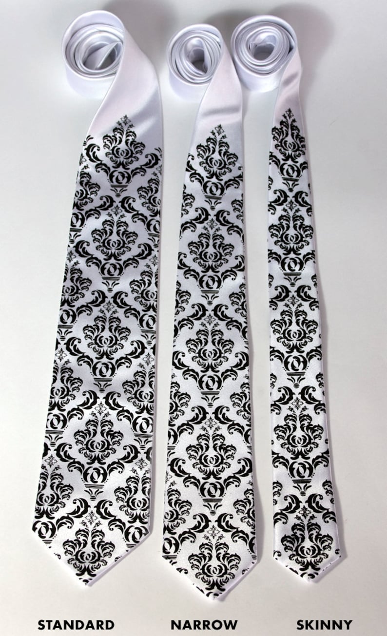 Damask Tie. Classic filigree wedding necktie. Elegant black and white damask groom's tie. Wedding ties floral, tie for groomsmen, best man black on white