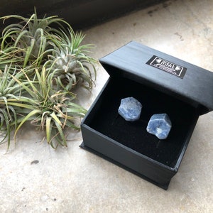 Raw sapphire cufflinks. Rough gemstones  attached to silver-tone bullet-back cufflink hardware for French cuffs, in high-end black gift box.