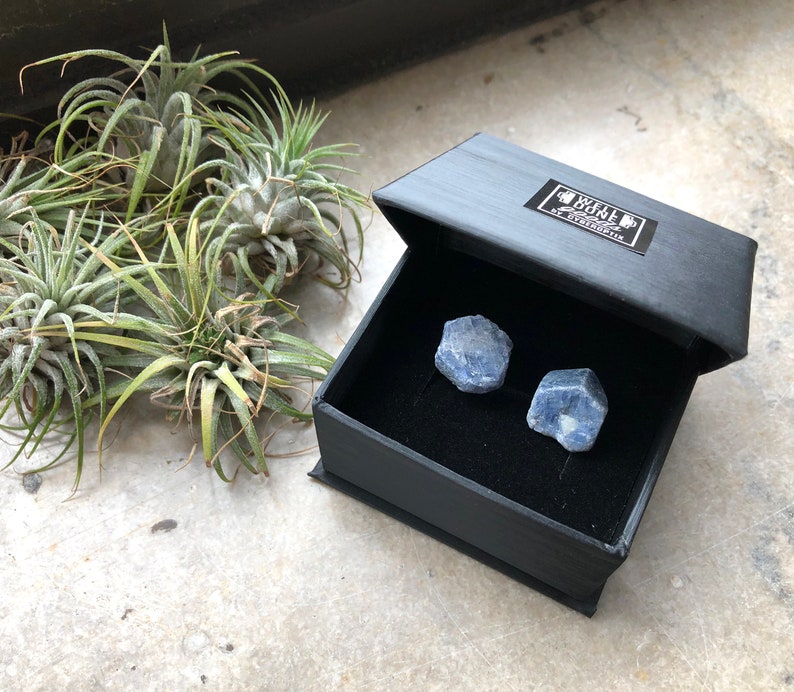 Raw sapphire cufflinks. Rough gemstones  attached to silver-tone bullet-back cufflink hardware for French cuffs, in high-end black gift box.
