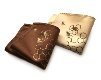 Honey Bee pocket square. Bee hive, honeycomb, men's handkerchief. Beekeeper gift, apiary gift, for the groom, bee gifts, save the bees,