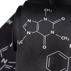 Addictive Molecules silk necktie. Coffee and Cigarettes screenprinted mens tie. Caffeine and Nicotine molecule tie. Silver print. image 3