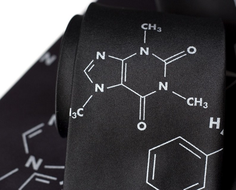 Addictive Molecules silk necktie. Coffee and Cigarettes screenprinted mens tie. Caffeine and Nicotine molecule tie. Silver print. image 3