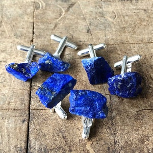 Lapis Cufflinks. Natural raw stone, rough gemstone cufflinks. 9th Anniversary, something blue, wedding cufflinks. Husband gift, gift for dad zdjęcie 7