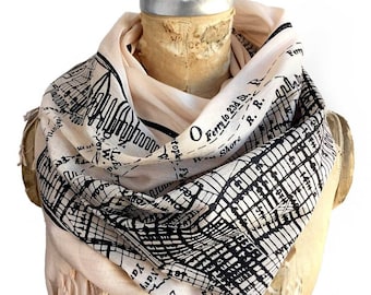 New York City Map Scarf. Vintage NYC map fringed scarf. Gift for New Yorker. Manhattan, Brooklyn, Jersey City. Luxe Weight Pashmina