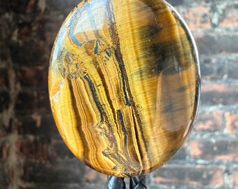 Polished Golden Tiger's Eye Bolo Tie, Oval Western Style Leather Neckwear (Custom Cord)