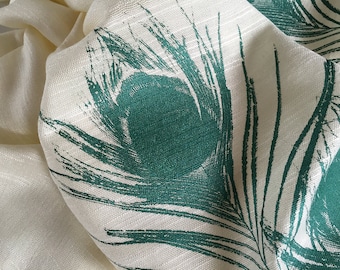 Peacock Feather pashmina wrap. Linen weave scarf. Teal green silkscreen print on cream & more. Perfect for bridal parties, bridesmaid gifts.