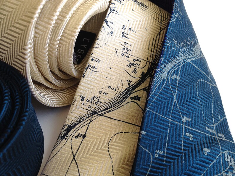 Sea Floor Map necktie. Elegant herringbone pattern woven silk tie. Topographical Error men's tie. Choose cream tie, sapphire tie & more image 3