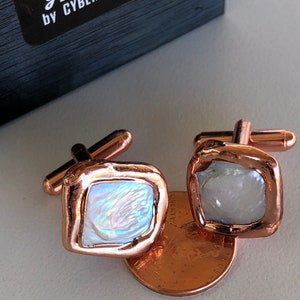 Iridescent White Freshwater Pearl Cufflinks. Copper Bezel, Electroformed Cultured coin pearl cuff links. Cool, unique mens wedding cufflinks image 10