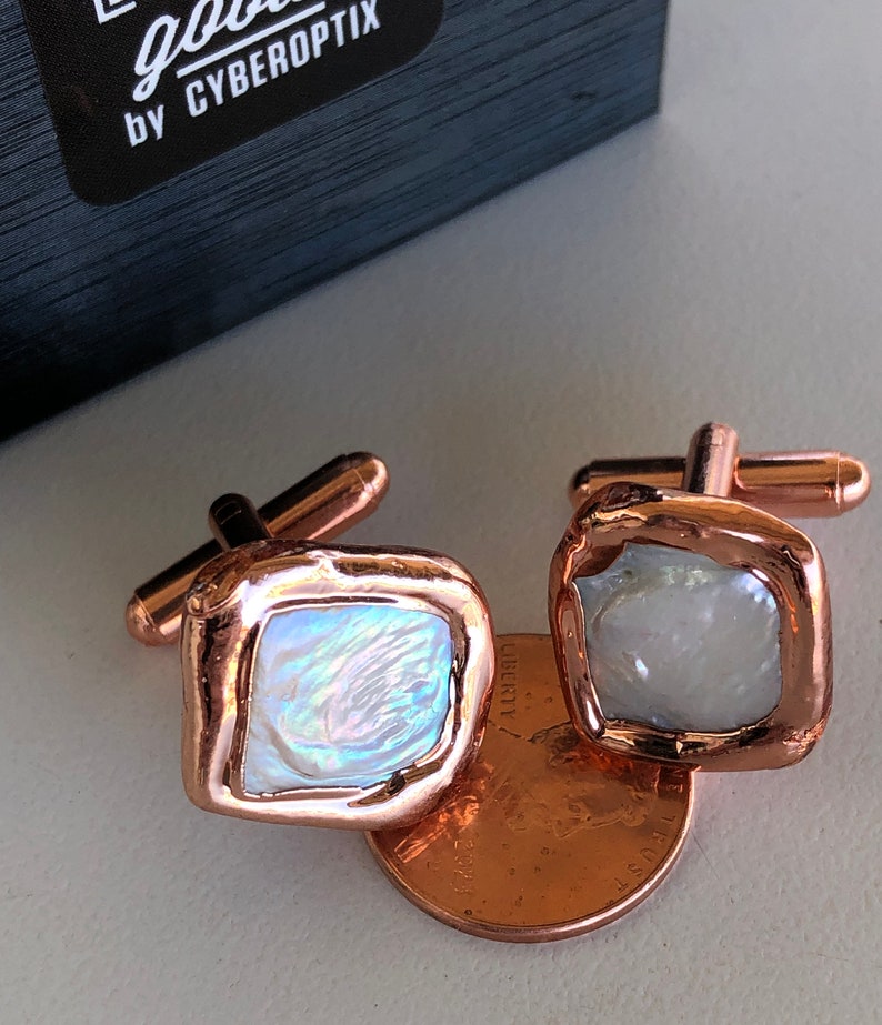 Iridescent White Freshwater Pearl Cufflinks. Copper Bezel, Electroformed Cultured coin pearl cuff links. Cool, unique mens wedding cufflinks image 10