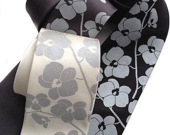 Orchid Flower men's necktie. Silkscreen floral tie. Silver print on cream & more. Choose standard, narrow, skinny or XL.