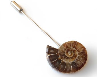 Ammonite Lapel Pin, fossil shell stick pin. Boutonniere, hat pin, groom's wedding suit, lapel pin, paleontology, beach wedding. Fossil lapel