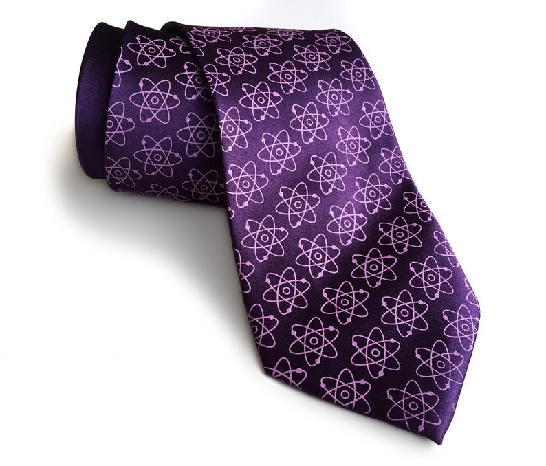 Atom Tie. Atomic model mens necktie, Science teacher gift, doctor, chemistry, molecule tie, science tie, Nuclear power plant, atomic energy lt.violet on eggplnt