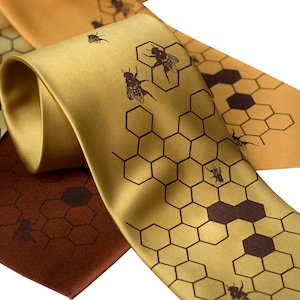 Honeybee Necktie, Bee tie. Men's beehive necktie, Oh Honey Beekeeper gift for men, apiary, save the bees. Vegan tie for men or women. gold