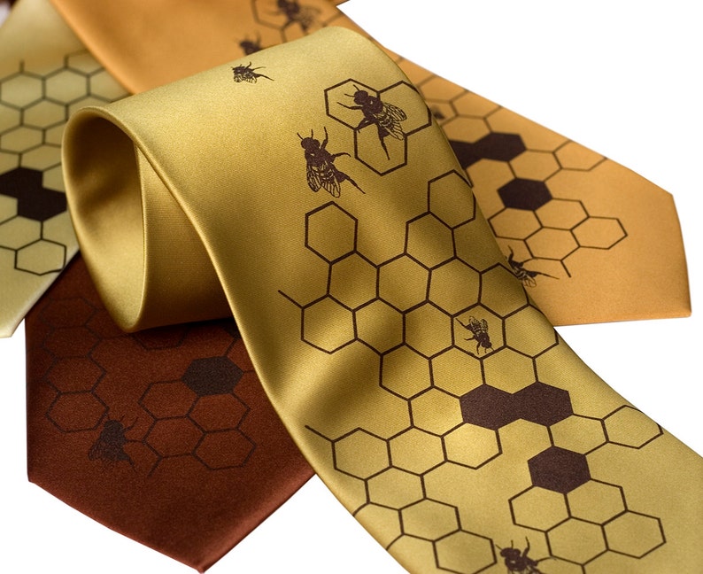 Honeybee Necktie, Bee tie. Men's beehive necktie, Oh Honey Beekeeper gift for men, apiary, save the bees. Vegan tie for men or women. gold