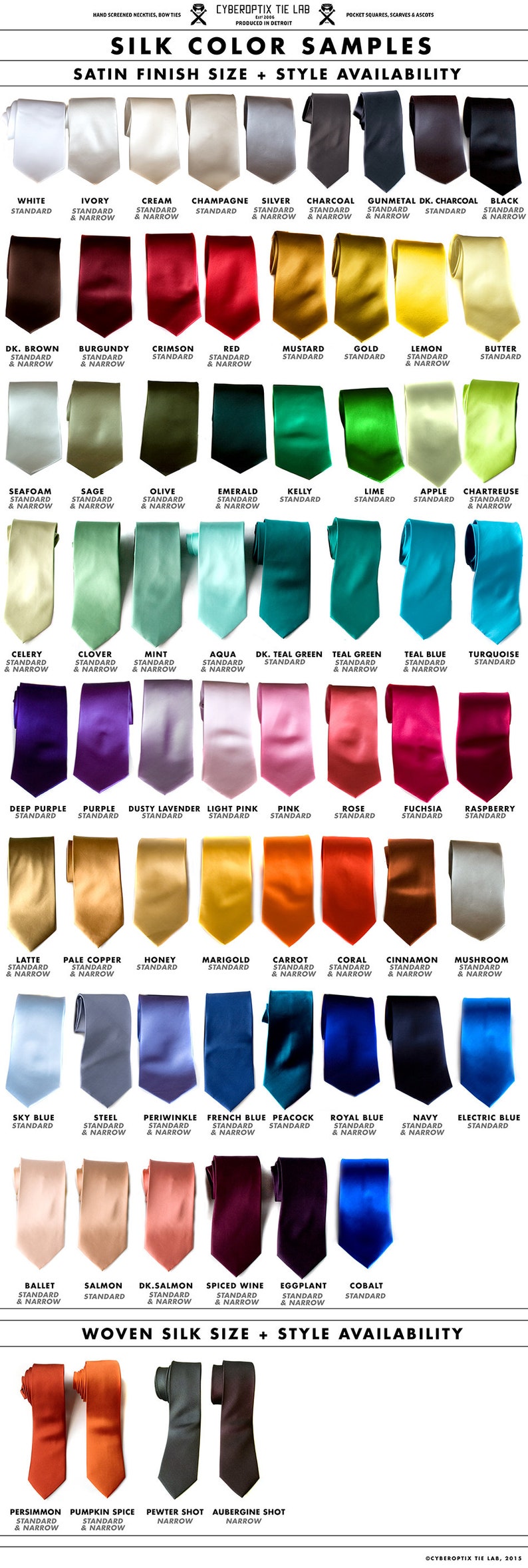 Puede incluir: Una tabla de colores de corbatas de seda con nombres y descripciones. La tabla muestra una variedad de colores, incluyendo blanco, marfil, crema, champ&aacute;n, plata, carb&oacute;n, metal, carb&oacute;n oscuro, negro, marr&oacute;n oscuro, burdeos, carmes&iacute;, rojo, mostaza, oro, lim&oacute;n, mantequilla, espuma de mar, salvia, oliva, esmeralda, verde kelly, lima, manzana, chartreuse, apio, tr&eacute;bol, menta, aguamarina, verde oscuro, verde azulado, azul turquesa, turquesa, morado oscuro, morado, lavanda polvorienta, rosa claro, rosa, rosa, fucsia, frambuesa, latte, cobre p&aacute;lido, miel, cal&eacute;ndula, zanahoria, coral, canela, champi&ntilde;&oacute;n, azul cielo, acero, azul periwinkle, azul franc&eacute;s, pavo real, azul real, azul marino, azul el&eacute;ctrico, ballet, salm&oacute;n, salm&oacute;n oscuro, vino especiado, berenjena, cobalto, caqui, especias de calabaza, tiro de peltre y tiro de berenjena.