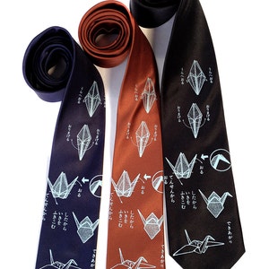 Origami necktie. Paper crane print tie. Men's silkscreen necktie. Gift for paper artist, origami enthusiast, survivor. Good luck gift. image 4