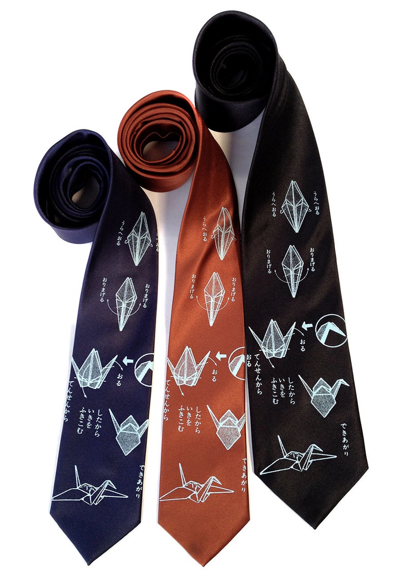 Origami necktie. Paper crane print tie. Men's silkscreen necktie. Gift for paper artist, origami enthusiast, survivor. Good luck gift. image 4