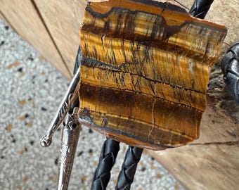Tiger's Eye Bolo Tie – Live Edge Freeform Polished Slab. Rugged Western Statement Jewelry for Men or Women, Rustic Southwest Formalwear