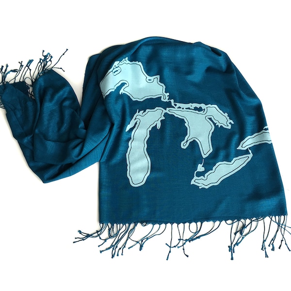 Great Lakes Scarf. Screen printed bamboo pashmina scarf. Lake Michigan, Superior, Huron, Erie, Ontario. Great Lakes Wedding, wedding shawl