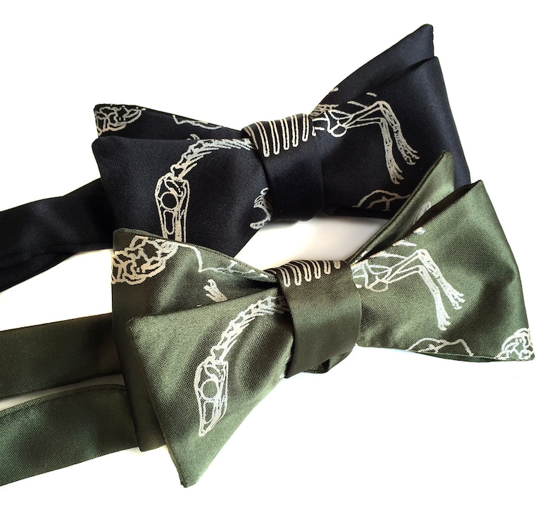 May include: Two bow ties, one black and one green, with a white skeletal dinosaur print.