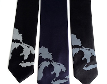 Great Lakes Necktie. Men's map tie. Lake Michigan, Superior, Huron, Erie, Ontario. Michigan wedding, UP, Yooper, Chicago wedding, Milwaukee